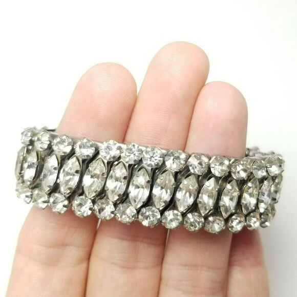 Vintage Three Row Rhinestone Expansion Bracelet, Marquise Shape, Estate - Picture 1 of 6